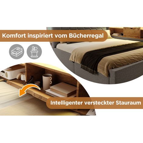 Lit superposé 90x200 cm, lit individuel, éclairage LED, structure L hydraulique, pieds bois, tissu lin, couleur grise, sans matelas. (1/5)