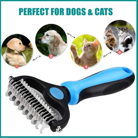 Outil de toilettage 2 en 1 pour animaux de compagnie - Peigne à carder et à sous-poil pour chats et chiens à poils longs (Bleu) (1/2)