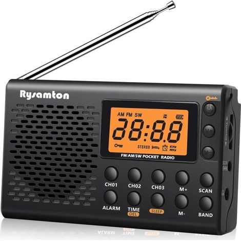 (Noir)Radio portable AM/FM/ondes courtes, radios de poche à piles, grand écran numérique, radio-réveil avec alarme et fonction veille, écouteurs inclus