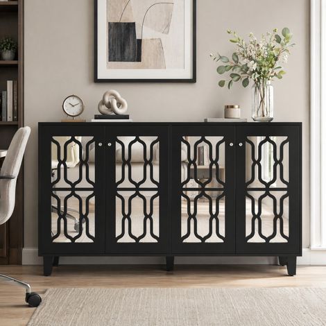 Aparador negro con espejo, 4 puertas y estantes móviles, 160 x 40 x 84 cm DESVIAE (1/5)