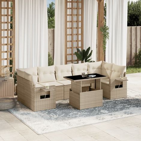 Ensemble Salon Jardin 8 Places Résine Tressée Beige avec Coussins - Table Réglable Hauteur, Mobilier Extérieur Modulaire (1/5)