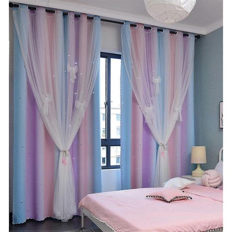 Rideaux de chambre d'enfant à motif étoiles creuses, occultants, 200 cm de long, à anneaux, 2 couches (rose-violet, largeur 1,5 m x hauteur 2 m [nœud inclus]) (1/5)