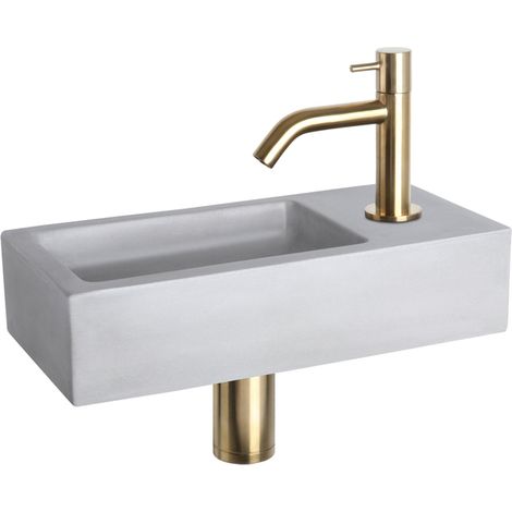 Differnz Ravo kit lave-mains - 38.5x18.5x9cm - Rectangulaire - 1 trou de robinet - Robinet courbé doré mat - béton gris clair (1/5)