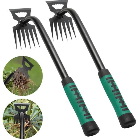 2 Pièces Outil de Désherbage, Désherbeur Manuel avec Poignée,6 Dents Arrache Mauvaise Herbes, pour Désherber Votre Jardin, Creuser (Vert) (1/5)