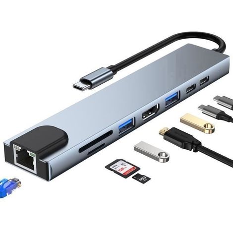 HUB USB C, Adaptateur USB C 8 en 1 avec HDMI 4k/30hz, PD 100 W, Port USB C 2.0, USB 3.0+2.0, Lecteur de Carte SD/TF/SD,Gris (1/3)