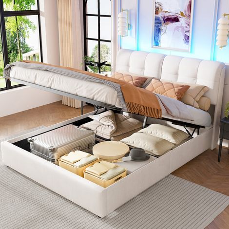 Letto contenitore 160x200 cm, letto 160x200 cm, con illuminazione a LED, schienale a cubo in flanella, vano contenitore idraulico, rete a doghe - Bianco sporco