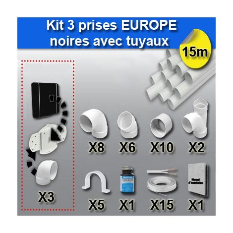 Ensemble 3 prises europe avec tuyaux - couleur au choix - noir