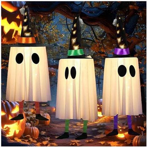 Décorations lumineuses fantômes pour Halloween, lot de 3 lampes fantômes LED suspendues avec chapeaux de sorcier, 60 cm, pour jardin, pelouse, porche, terrasse, cour (vert, orange, vi (1/5)