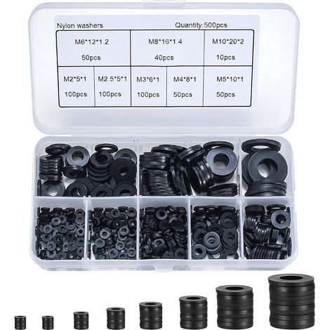 500 pezzi rondella piatta in nylon, rondella piatta isolata guarnizione rotonda anello di tenuta tubo assortimento kit - M2/M2.5/M3/M4/M5/M6/M8/M10 (nero)