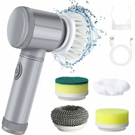 Spazzola elettrica per la pulizia - Pulitore rotante elettrico - Con 5 testine - Ideale per lavare i piatti, pulire le piastrelle del bagno, disincrostare vasche e docce e pulire i vetri - Grigio (1/5)