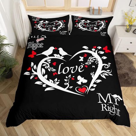 Mr Mrs Parure de Lit 140x200cm Happiness Love Birds Heart Parure Housse de Couette Noir Blanc Chambre Décor Romantique Mariage Thème Housse de Couette Saint Valentin 2Pcs - 140 x 200 cm (1/5)