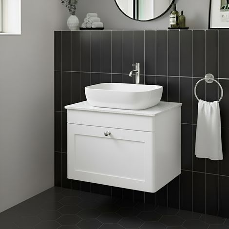 Nuie Classique Wall Hung 1-Drawer Vanity Unit with White Marble Worktop 600mm Wide - Satin White (1/4)