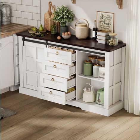 Buffet enfilade 150x40x85 cm 4 tiroirs blanc OKMYHOME (1/5)