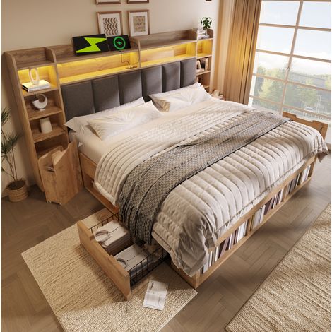 Cama dormitorio doble con LED y carga USB roble natural OKMYHOME (1/5)
