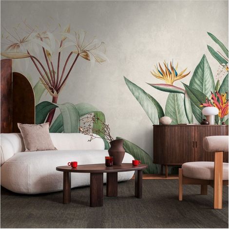 Sfondo fotografico Profhome 399171 Carta da parati TNT goffrata a caldo liscia con motivo floreale opaca crema grigio verde giallo 3,71 m x 2,8 m (1/4)