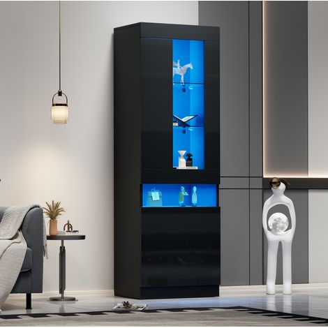 Vetrina 50x40x180 cm nera in pannello truciolare con LED USB e ampio spazio contenitivo (1/5)