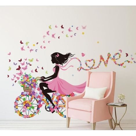 (Blumen, Schmetterlinge, Fee, Fahrrad) Wandaufkleber – Mädchen – Blumen und Schmetterlinge – Kinderzimmerdekoration – Abnehmbar – Ungiftig (1/4)