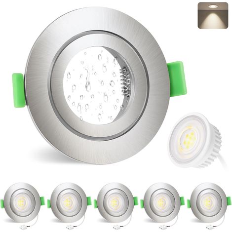 Spot led encastrable 230V 4000K 5W IP65 Spots Salle de bain 68mm Trou Spots de plafond Rond plat Spot encastrable pour salle de bain salon, Nickel brossé, Lot de 6, Non dimmable
