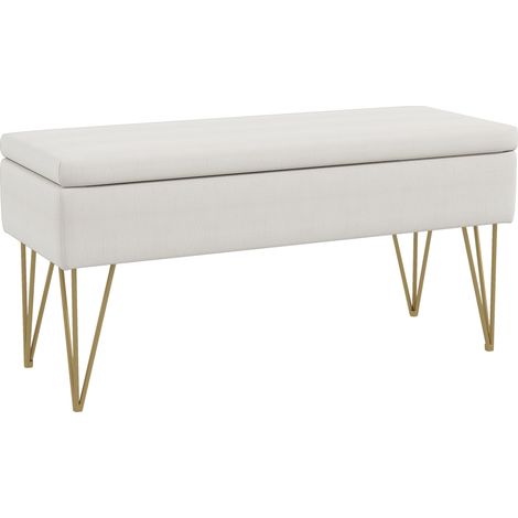 Banc de rangement en lin 100x40x49 cm avec pieds en acier crème pour séjour, chambre et entrée (1/5)