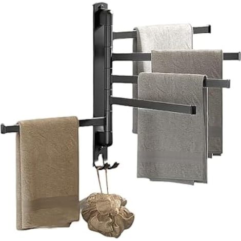 Porte-serviettes pour salle de bain, support mural pivotant auto-adhésif à 5 barres pour petites serviettes roulées, essuie-mains, noir (1/5)