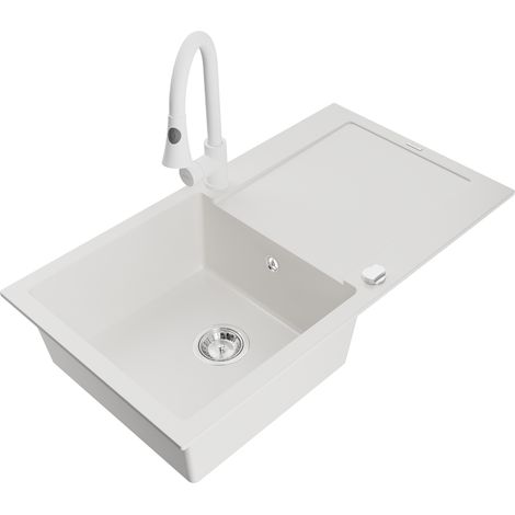 Mexen Leo lavello in granito 1-vasca con sgocciolatoio e rubinetto da cucina Elia, bianco - 6501-20-670101-20 (1/5)