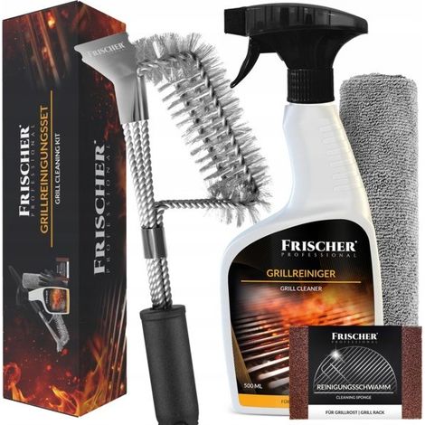 FRISCHER PROFESSIONAL Juego de 4 limpiadores de parrilla: limpiador de parrilla de 500 ml + cepillo de parrilla + paño de microfibra y esponja - para una limpieza y cuidado eficientes de parrillas y