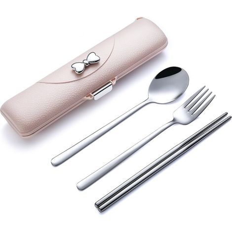 Ensemble de couverts de voyage avec boîte, ensemble de couverts portables pour le déjeuner au travail, ensemble de couverts (rose)