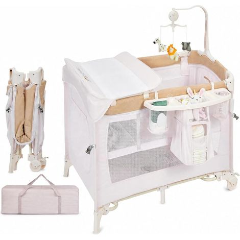 Lit cododo bebe pliant avec sac de transport,4 en 1 Lit evolutif bebe avec Berceau,Jouets suspendu,Table à Langer,rangement latéral,porte gobelet,Lit parapluie bebe avec matelas pour 0-24 Mois(Rose) (1/5)