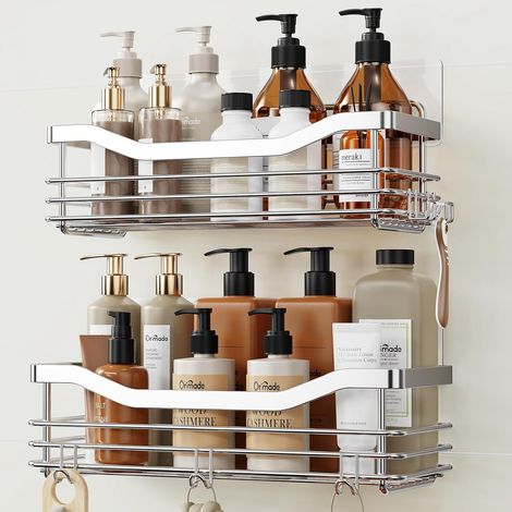 Inoxydable Serviteur de Douche Etagère avec 5 Crochets pour Salle de Bain Panier Toilette Cuisine Spice Rack Acier SUS304 sans Perçage - 2 Pack (1/5)
