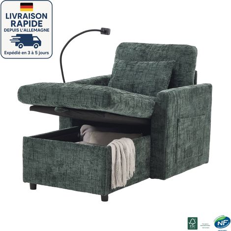 MODFU - Canapé de relax avec rangement, 1 coussin, 2 poches latérales, avec support téléphone, salon/chambre, tissu chenille, vert