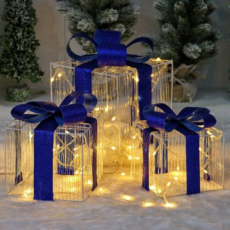 Boîte Cadeau Noël - Boîte Lumineuse À LED Avec Nœud Bleu - Pour Décoration Intérieure Extérieure Arbre De Noël - Lot De 3 Tailles Différentes (1/5)