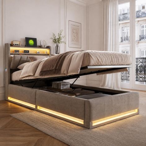 Letto contenitore 90x200 cm, letto singolo imbottito con LED RGB e ricarica USB Type-C, testiera con vano portaoggetti, morbido velluto, grigio (1/5)