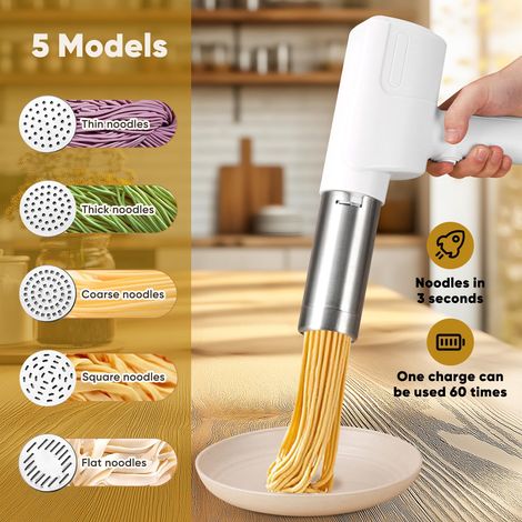 Per macchina per pasta elettrica portatile, rullo per pasta fresca portatile rimovibile, elettrodomestico da cucina automatico, macchina per pasta multifunzionale da 2000 mAh con 5 stampi. (1/4)