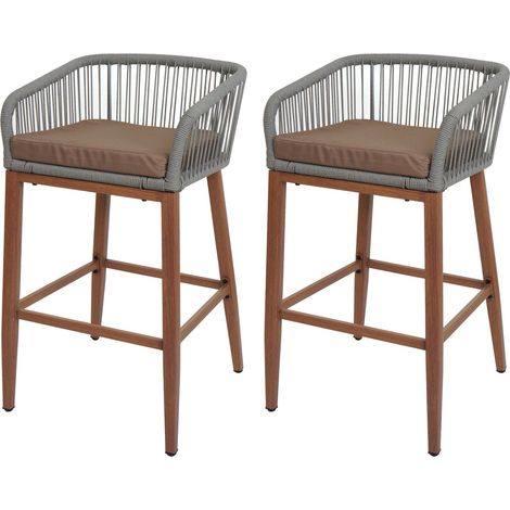 Lot de 2 tabourets de bar Rope HWC-O22, coussins d'extérieur en corde tressée métal aspect (1/5)