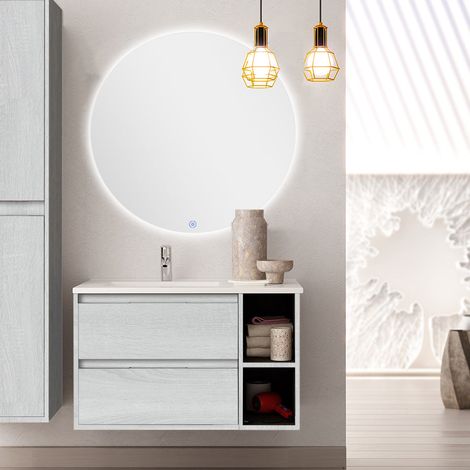 Meuble de salle de bain vasque déportée - 2 tiroirs - hibernian (bois blanchi) - OLYMPE et miroir rond Led SOLEN - 80cm (1/4)