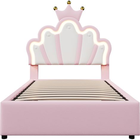 Lit Rembourré 90 x 200 cm Sans Matelas, Lit Princesse en Forme de Couronne, Tête de Lit Réglable, Mécanisme de Levage Hydraulique, Revêtement PU Rose (1/5)