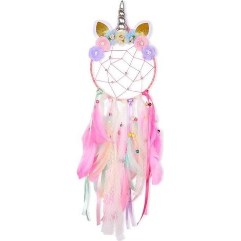 Attrape-rêves - ZVD - Licorne - Fait à la main - Plumes multicolores - Décoration chambre enfant