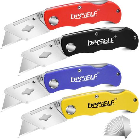 4er Pack Klappmesser mit 10 Trapezklingen Schnellwechsel & Verriegelung Universalmesser für Teppich, Pappe