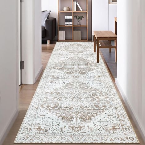 Tapis Couloir Long 80x300cm Tapis De Couloir Vintage Lavable en Machine Antiderapant Doux Poil Ras Beige Marron Tapis Cuisine Chambre Salon Passage (1/5)