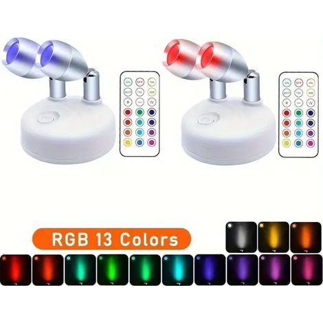 Faretto LED RGB wireless con telecomando (13 colori, dimmerabile) – Luce d'accento a batteria per quadri, vetrine e scaffali, testa girevole - Crezuo