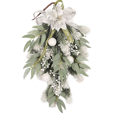 Swag de noël PE avec boules en plastique, baies en mousse, décor artificiel blanc et vert pour porte de cheminée, 50x30cm (1/5)