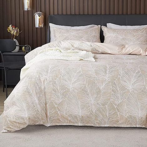 Housse de Couette 220x240 + 2 Taies d'oreiller 65x65cm Motif Feuilles Beige (1/5)