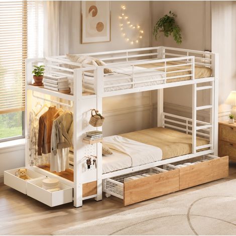 Lit superposé 90x200 cm métal et MDF blanc avec 4 tiroirs LED, gain de place, sans matelas – MEUBLIV (1/5)