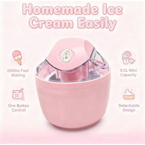 Mini sorbetière, machine à desserts individuelle, sorbetière compacte à un bouton, convient pour les yaourts, les sorbets et les gelatos, prise européenne standard rose. (1/5)