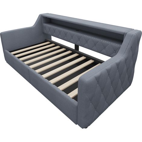 Tagesbett 90 x 200 cm mit Stauraum, LED-Leiste, USB/USB-C, grauem Leinenstoff (1/4)
