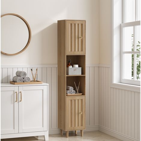 Mobile bagno alto Mid-Century Modern in MDF rovere, a terra, con ante scanalate e ripiani aperti, 32 x 30 x 169 cm (1/5)