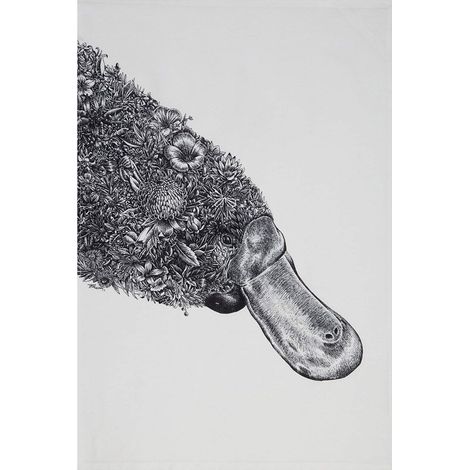 Serviette de Table 100% Coton, Imprimé Fleuri d'Ornithorynque, 50 x 70 cm - Noir et Blanc (1/5)