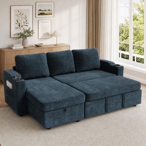 Canapé-lit d'angle 3 Places avec Rangement sous Assise et accoudoirs Multifonctions, canapé Convertible Moderne pour Appartement, Salon et Bureau, Couleur Bleu Marine (1/5)