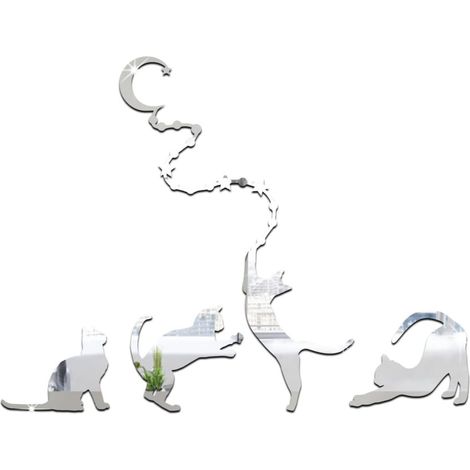 CCYKXA Silberner Katzen-Mond-Wandspiegel, Acryl-Wandaufkleber, abnehmbare DIY-Wanddekoration, Wohnzimmer-Spiegelaufkleber, 1 Set