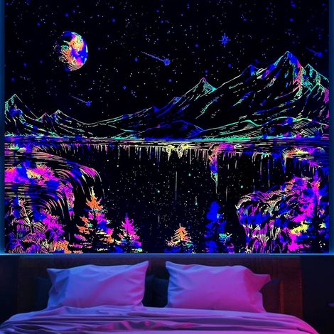 Bergwandteppich fürs Schlafzimmer, ästhetischer Raum, Mond und Sterne, Wandteppich, Schwarz-Weiß-Landschaft, (129,5 x 152,4 cm) (1/5)